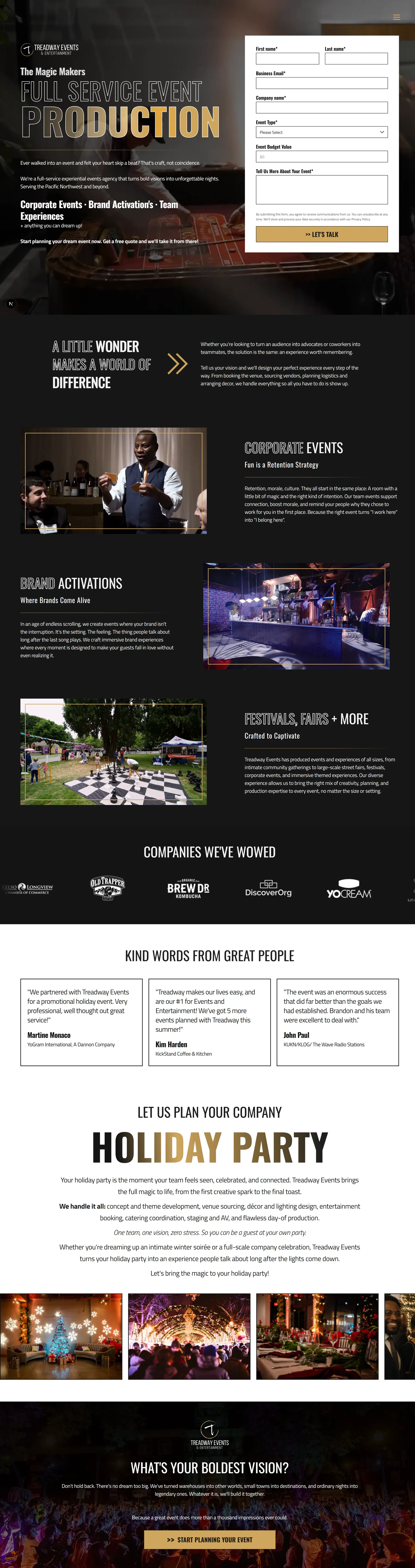 Treadway Events landing page, full length